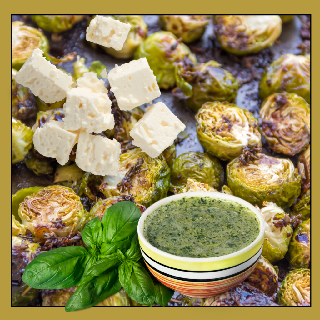 Roasted Feta Pesto Brussels Sprouts